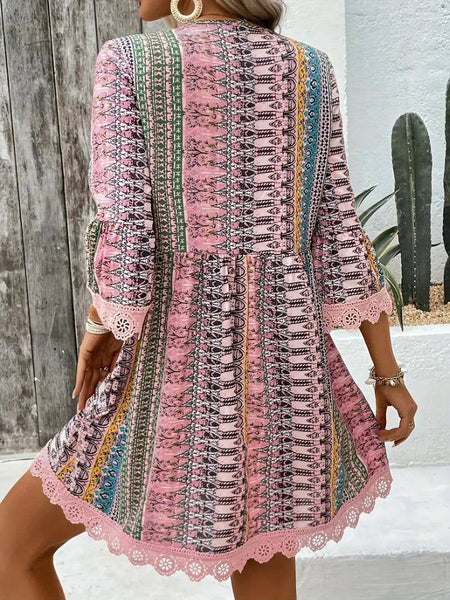 Bohemian Chic V-Neck Striped Print Lace Trim Dress: Pink #5924