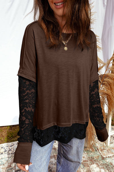 Sheer Lace Patchwork
Casual Long Sleeve Tee: Dark Brown #0038