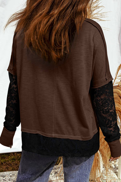 Sheer Lace Patchwork
Casual Long Sleeve Tee: Dark Brown #0038