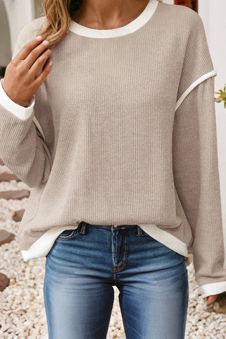 Contrast Color Trim Drop Shoulder Loose Top: Beige #0039