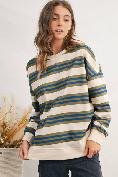 Stripe Round Neck Drop
Shoulder Top #1623