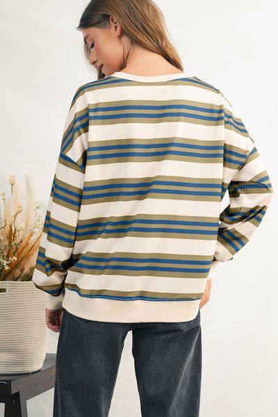 Stripe Round Neck Drop
Shoulder Top #1623